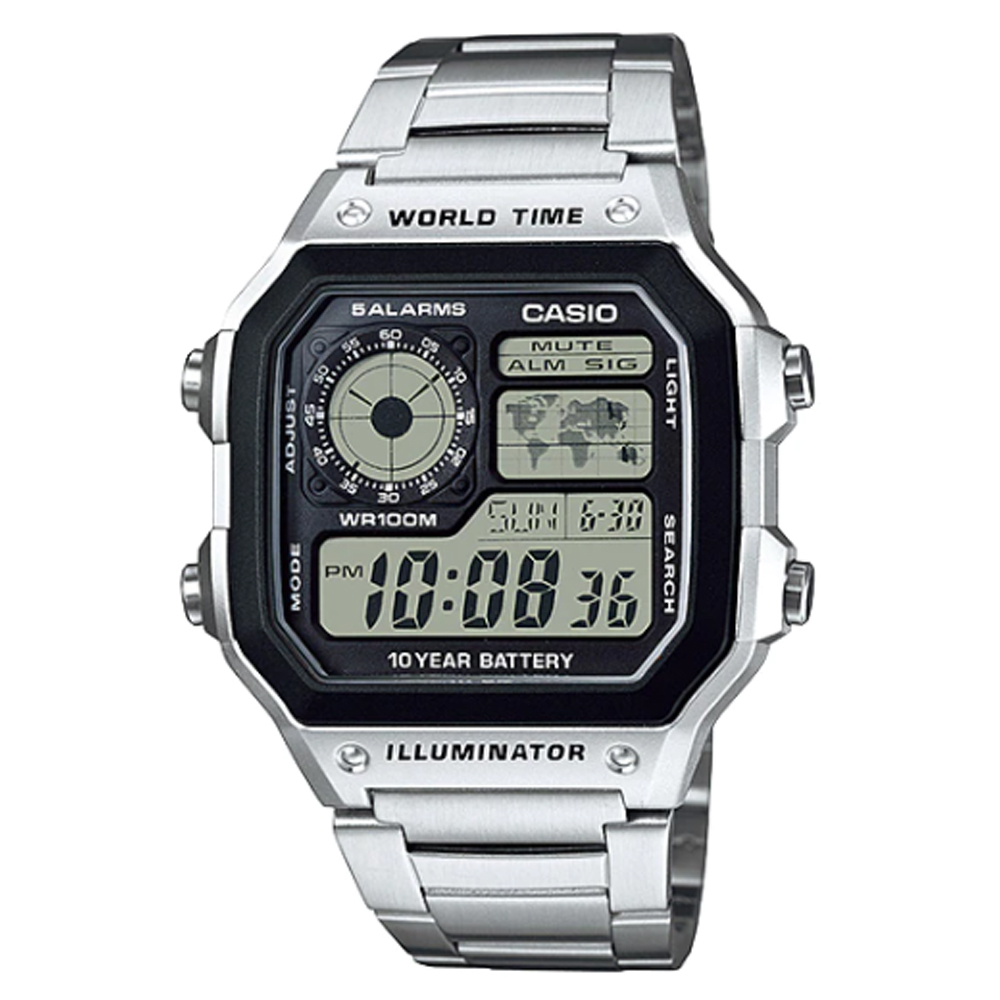 CASIO 全方位世界地理數位不鏽鋼錶