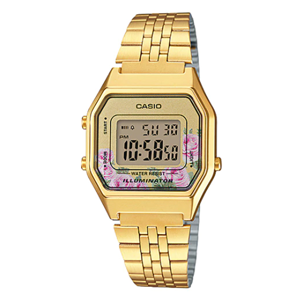 【CASIO】 復古經典金錶帶電子錶-花系列 (LA680WGA-4C)