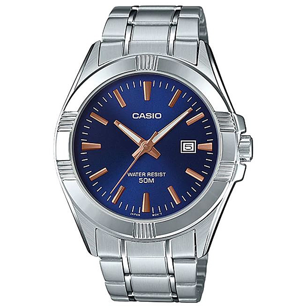 【CASIO 】型男白領簡約時刻不鏽鋼腕錶-藍(MTP-1308D-2A)