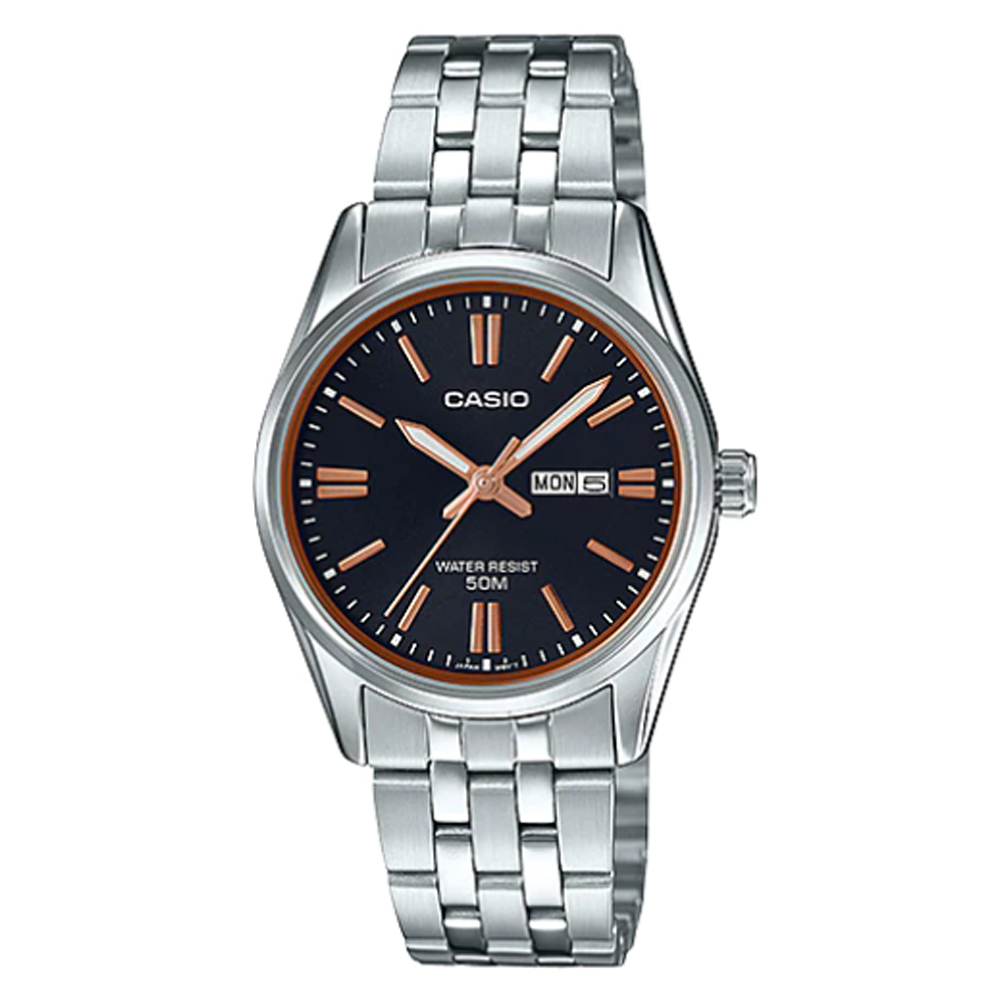 【CASIO 】都會白領淑女星期設計不鏽鋼腕錶-黑(LTP-1335D-1A2)