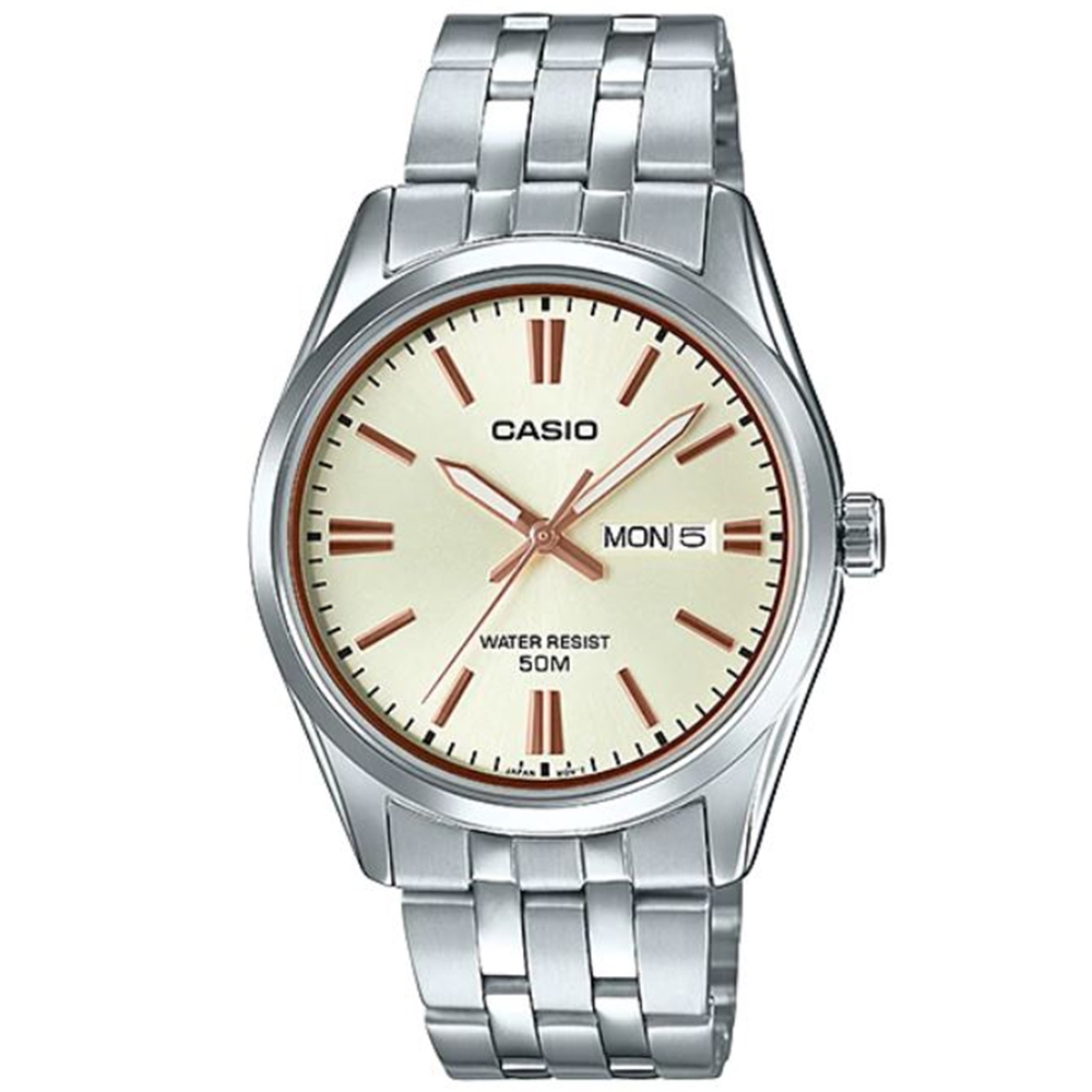 【CASIO 】型男白領日期星期顯示不鏽鋼腕錶-黃(MTP-1335D-9A)