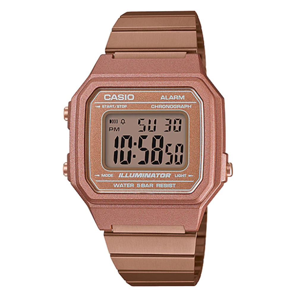 【CASIO】時尚復古文青風大型數字不鏽鋼錶-玫瑰金(B-650WC-5A)