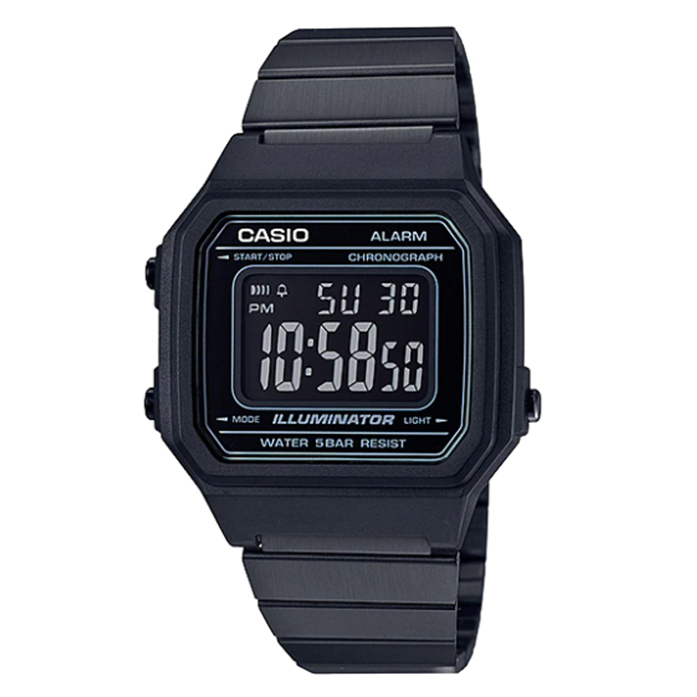 【CASIO】時尚復古文青風大型數字不鏽鋼錶-黑(B-650WB-1B)