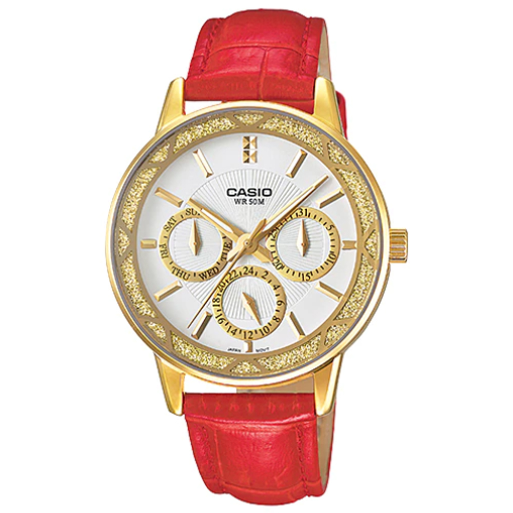 【CASIO】耀眼奪目華麗指針皮帶錶- 紅 (LTP-2087GL-4A)