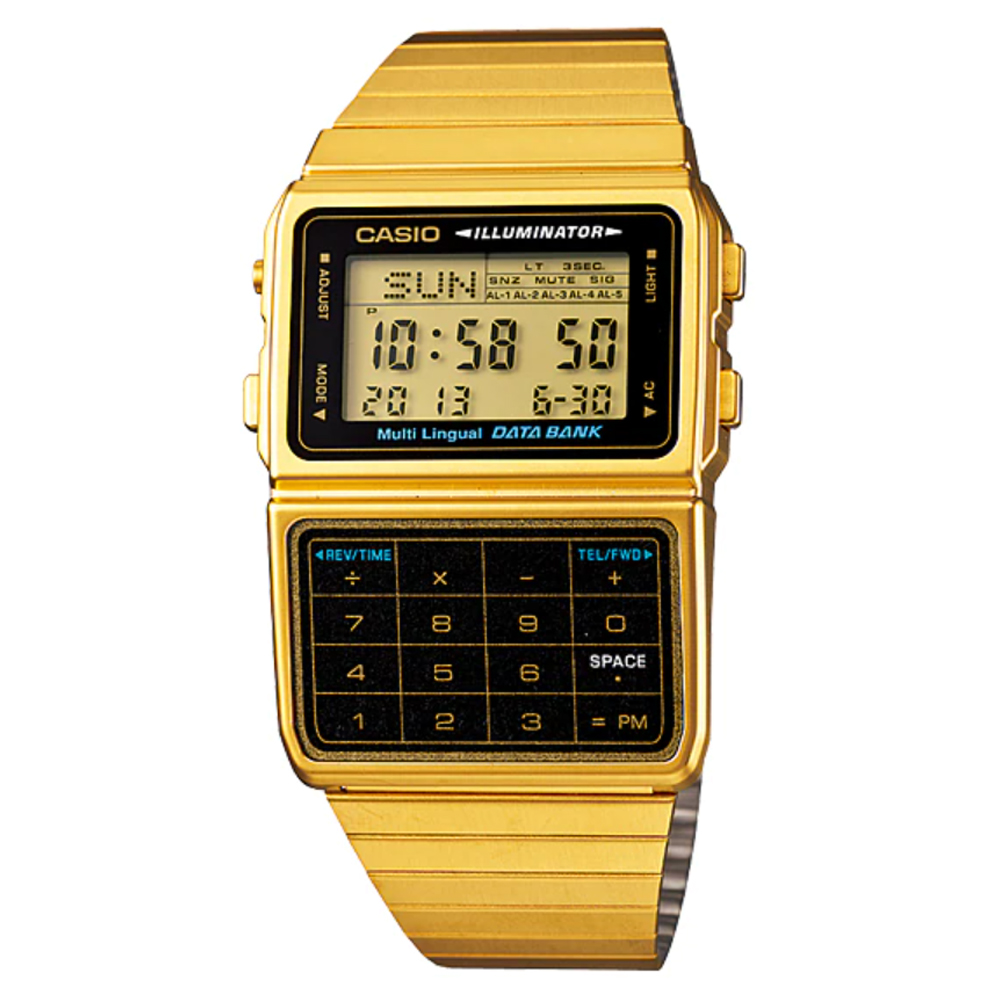 CASIO 8位元復古計算機數位錶-金色錶帶