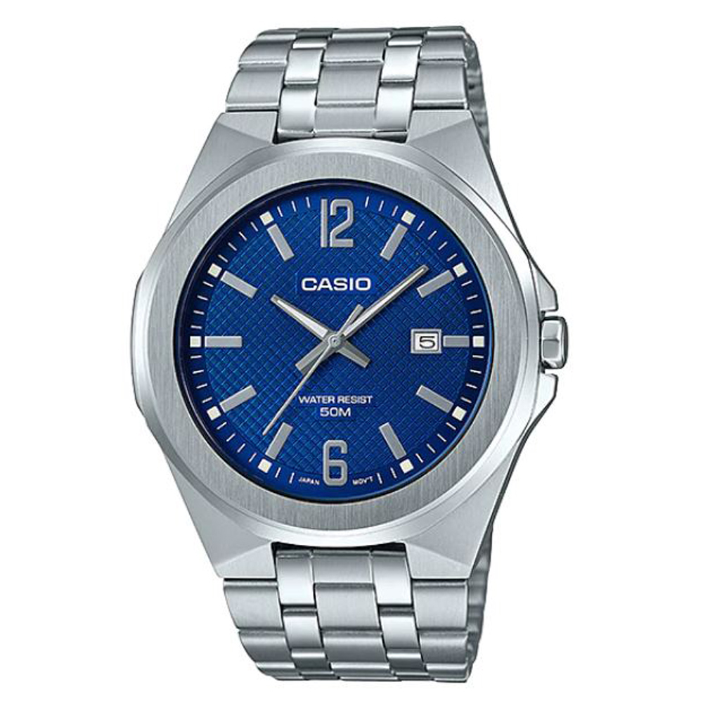【CASIO】簡約不鏽鋼紳士男錶-藍面(MTP-E158D-2A)