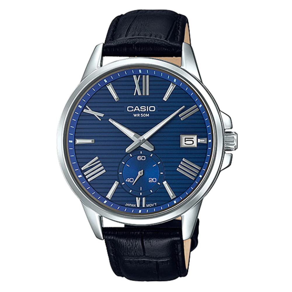 【CASIO】內斂條紋設計藍麵皮帶腕錶-(MTP-EX100L-2A)