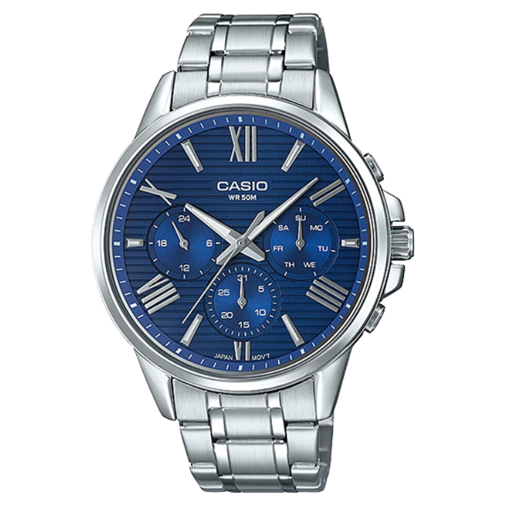 【CASIO】沉穩條紋設計三針三眼不鏽鋼腕錶-藍面(MTP-EX300D-2A)
