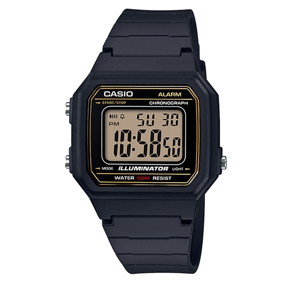 【CASIO】 電力『十』足 個性方形休閒電子錶-黑X黃面金框 (W-217H-9A)