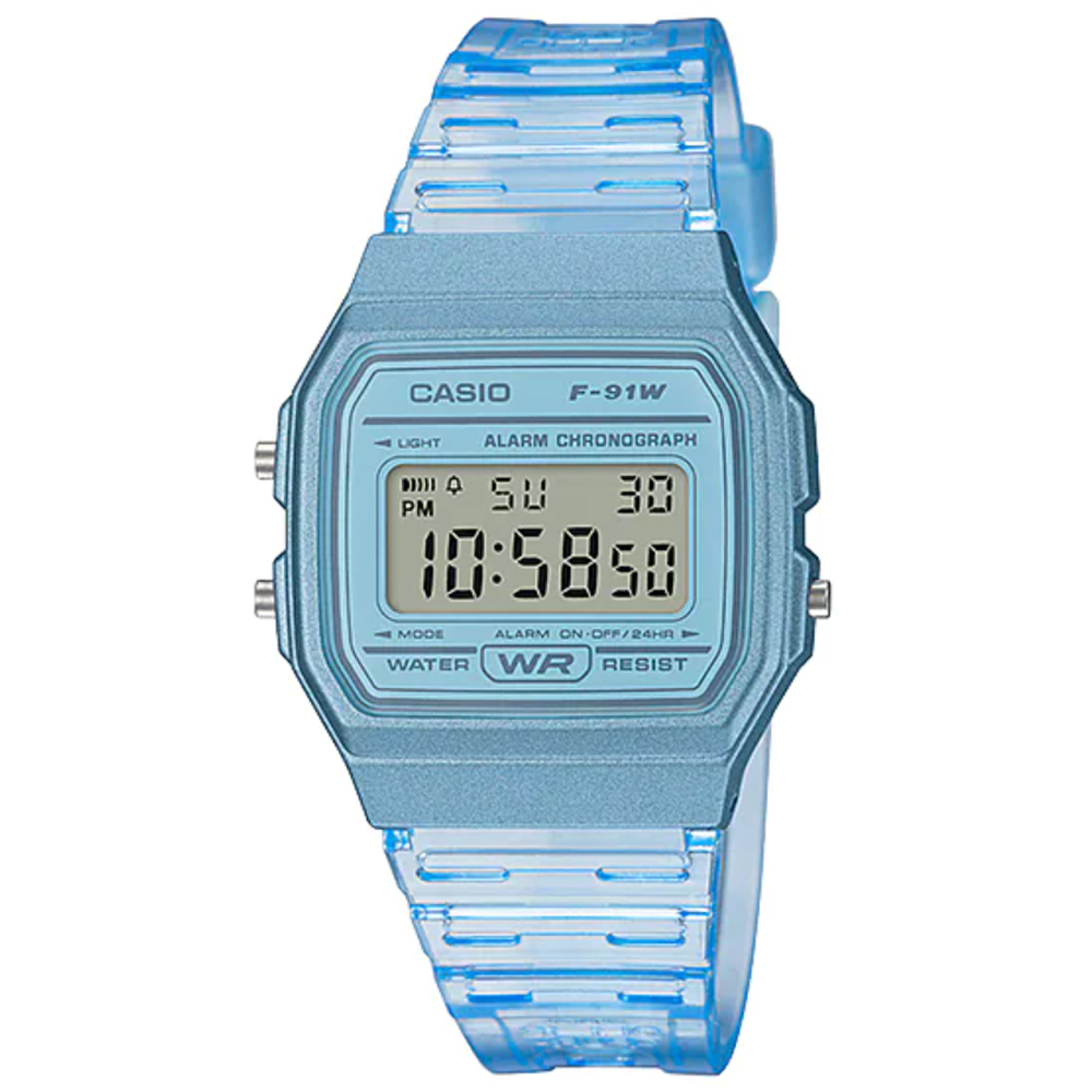 【CASIO】春夏閃耀透明設計風格電子錶-藍(F-91WS-2)