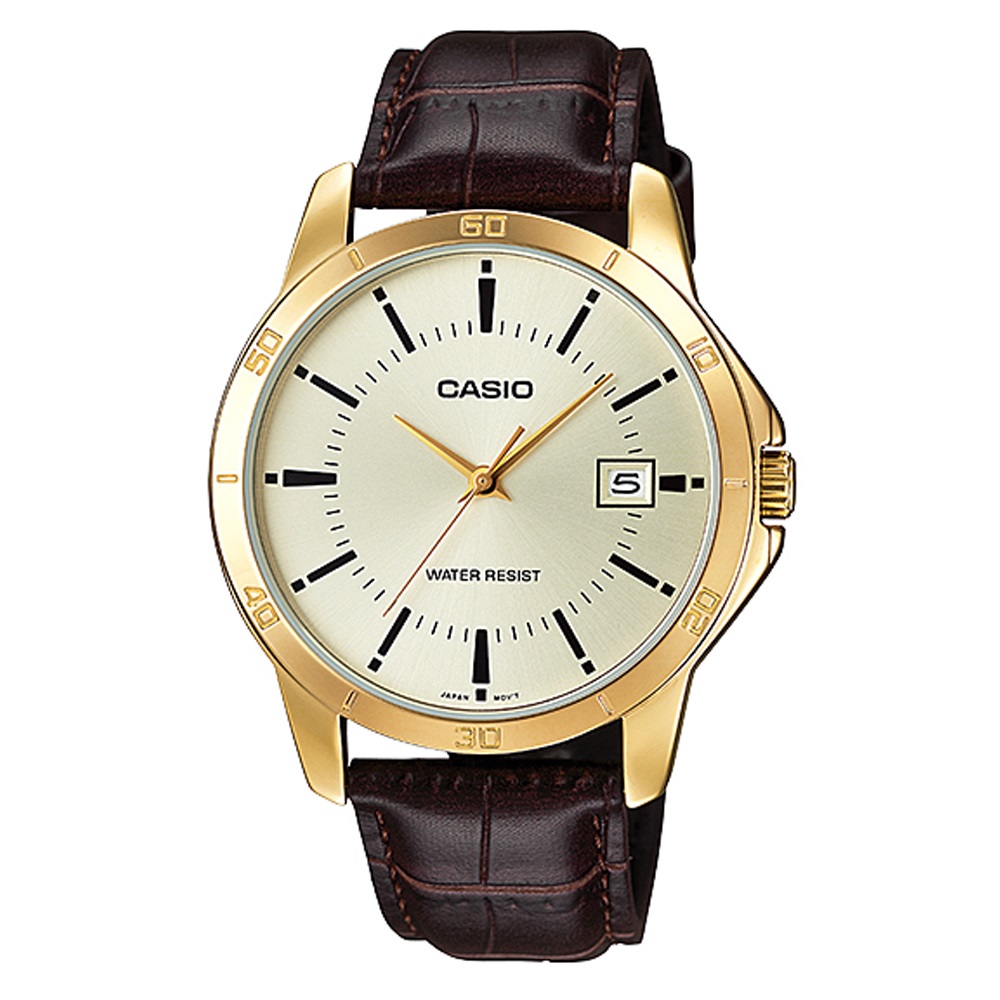 CASIO 城市潮流紳士時尚指針咖啡色皮帶錶-金面 (MTP-V004GL-9A)