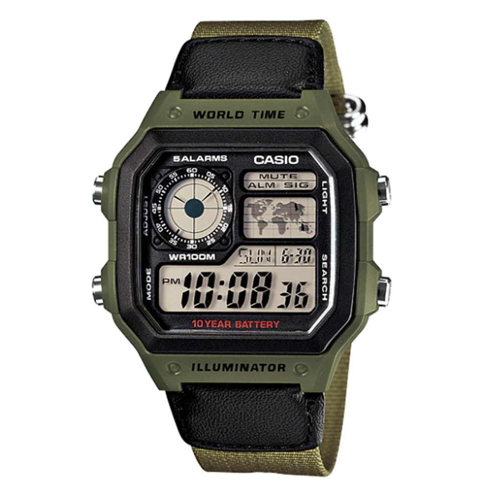 【CASIO 】全方位世界地數理位綠帆布帶休閒錶-(AE-1200WHB-3B)