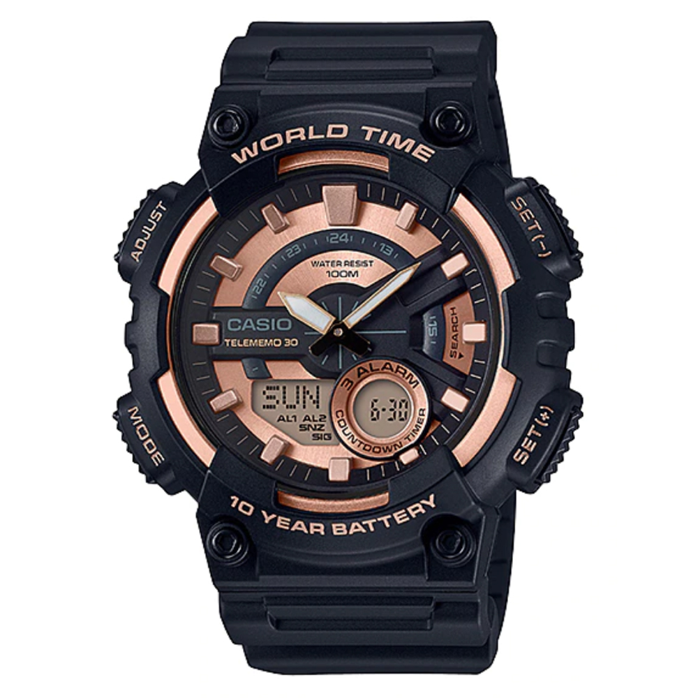 【CASIO 】十年電力指針數位雙顯錶款-黑x玫瑰金 (AEQ-110W-1A3)