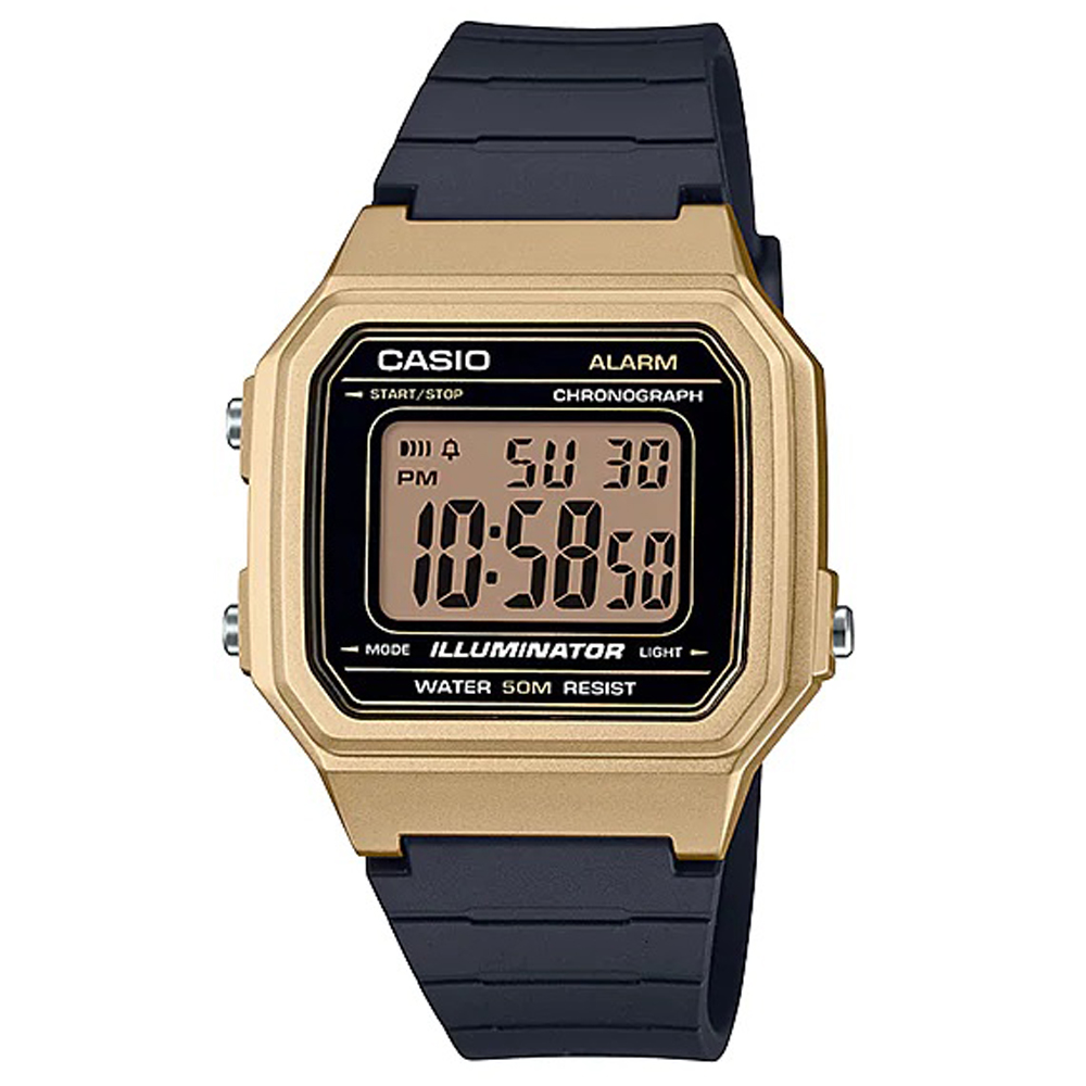 【CASIO 】方形十年電力金屬造型電子腕錶-金框(W-217HM-9A)