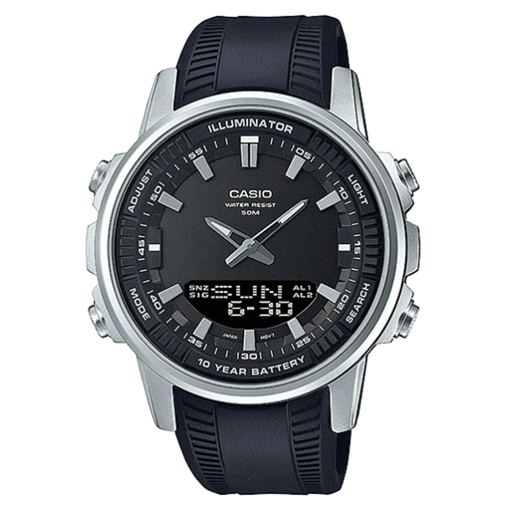 【CASIO】十年電力Telememo 30運動休閒雙顯錶-黑X樹脂錶帶(AMW-880-1A)