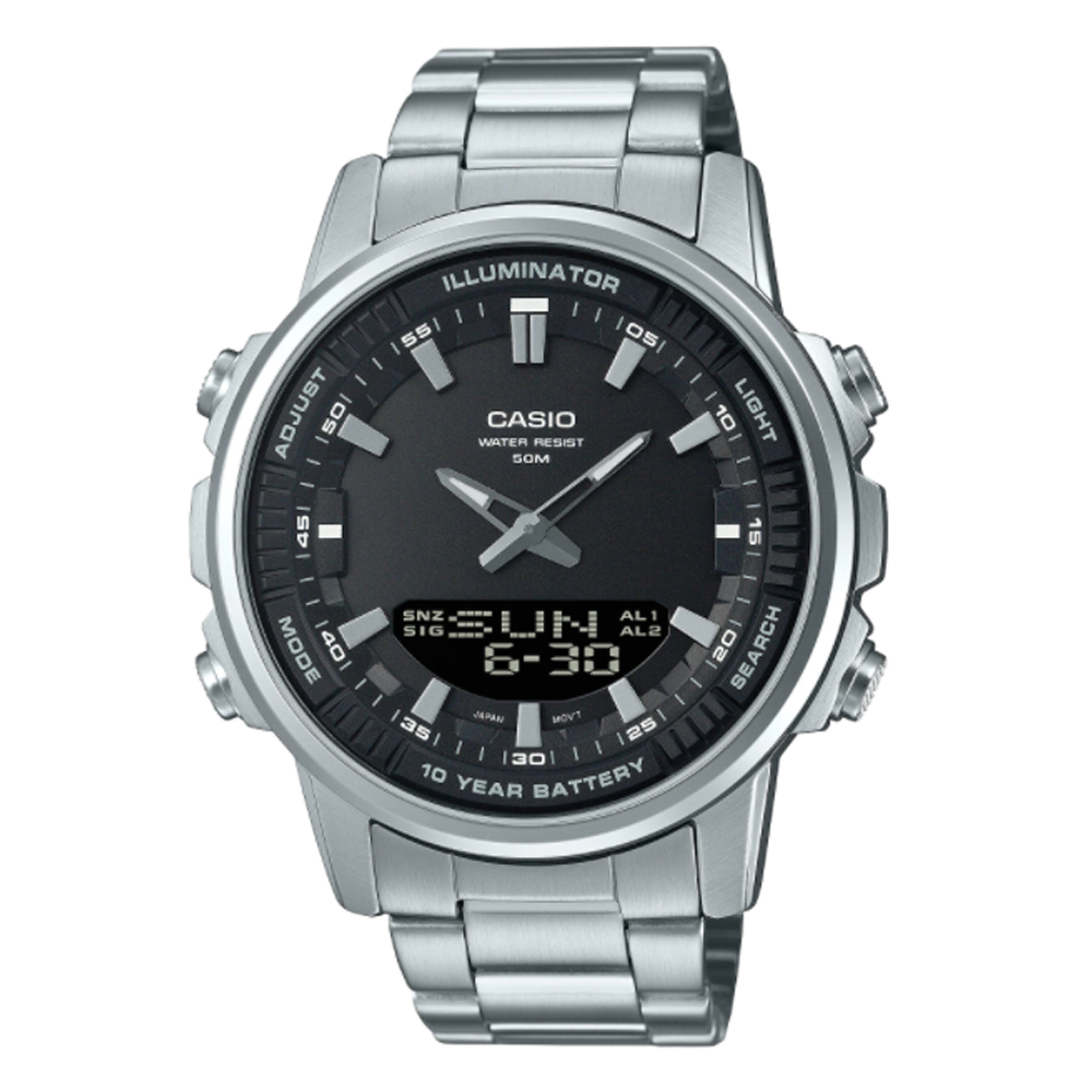 【CASIO】十年電力Telememo 30運動休閒雙顯錶-黑X不鏽鋼錶帶(AMW-880D-1A)