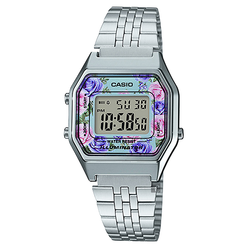 【CASIO】 復古經典銀錶帶電子錶-花系列(LA680WA-2C)