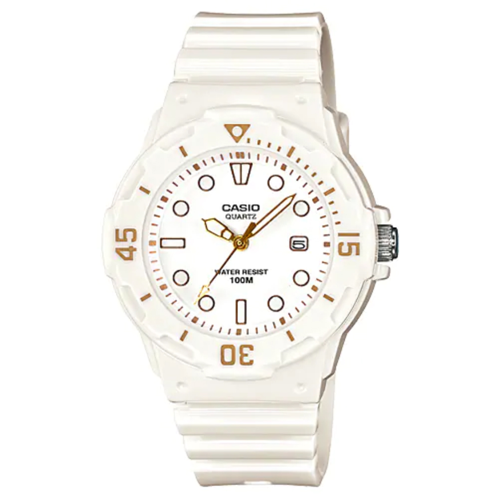 CASIO 新一代女用潛水風格概念休閒錶-白錶帶金色字LRW-200H-7E2