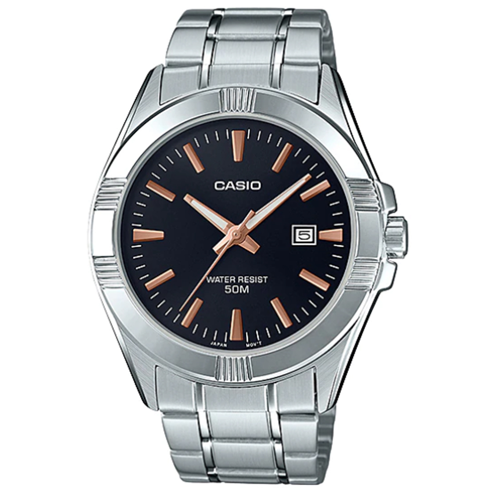 【CASIO 】型男白領簡約時刻不鏽鋼腕錶-黑(MTP-1308D-1A2)