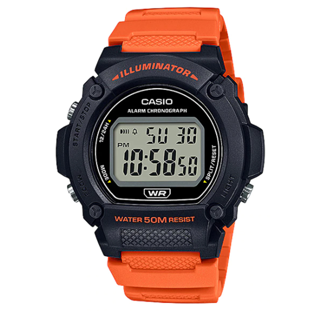 CASIO 沉穩色調圓型錶殼設計電子錶 (W-219H-4A)亮橘