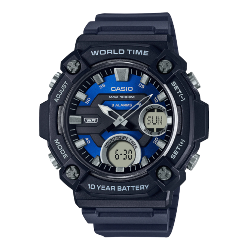 【CASIO】10年電力冒險玩家雙顯休閒錶-藍(AEQ-120W-2A)
