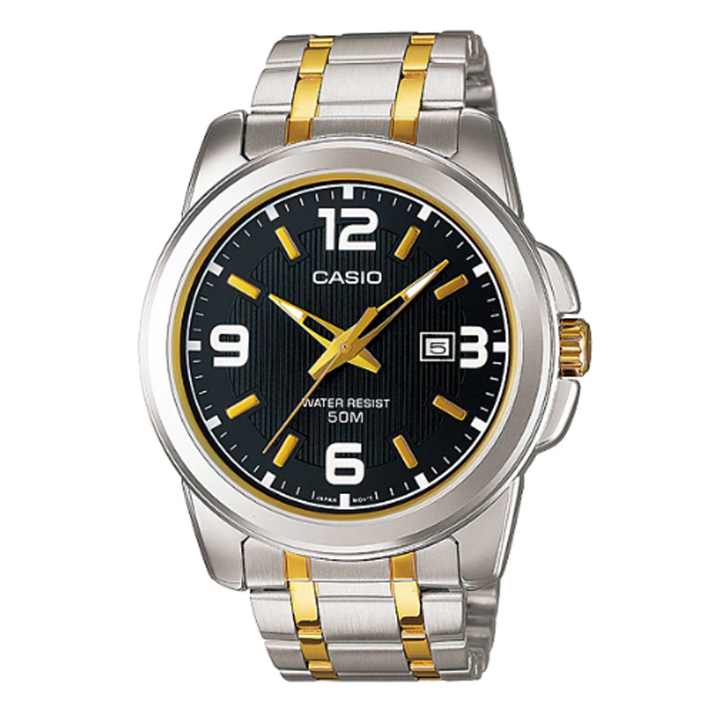 CASIO 世界城市新風範日曆指針錶-黑面X金銀雙色 MTP-1314SG-1A