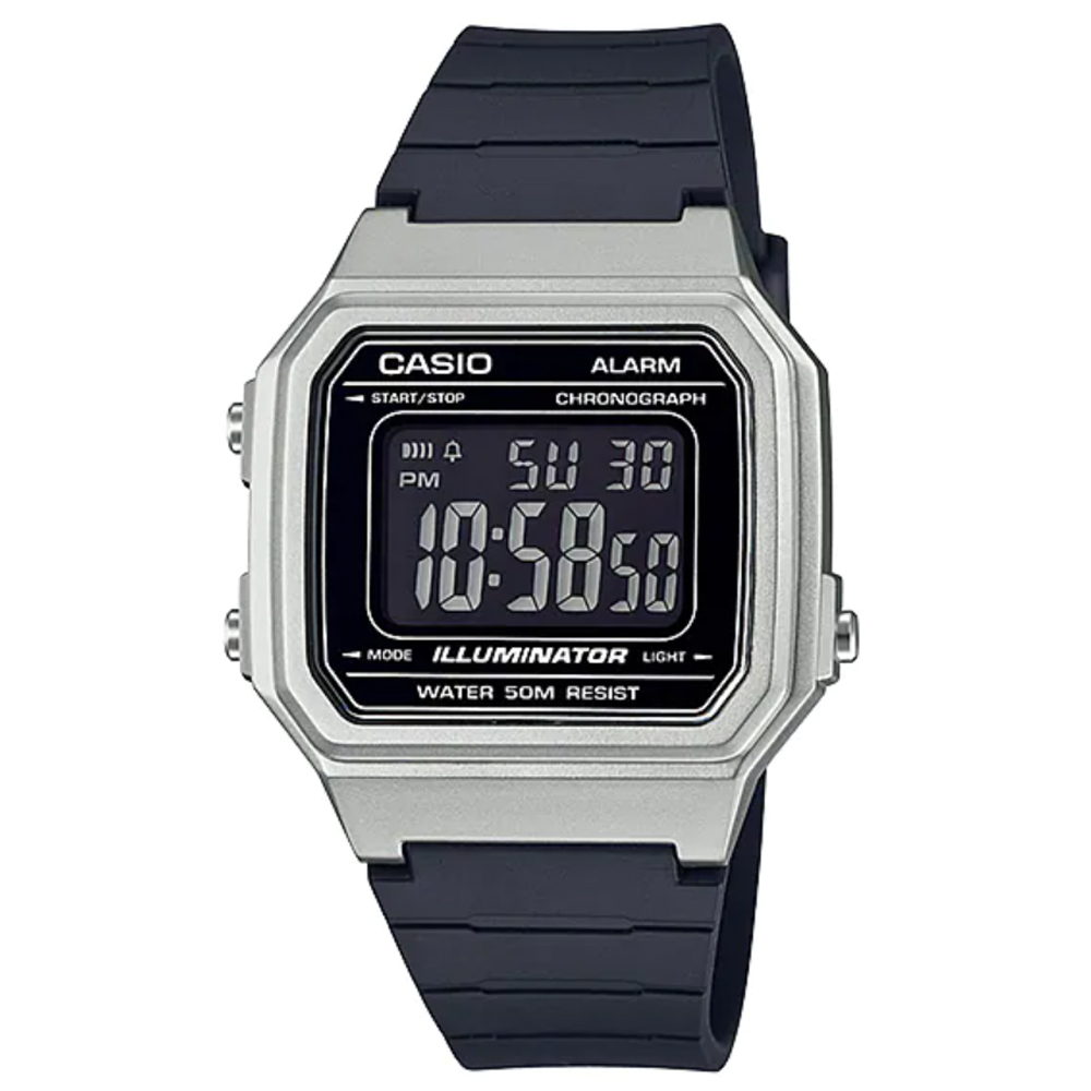 【CASIO 】方形十年電力金屬造型電子腕錶-銀框(W-217HM-7B)