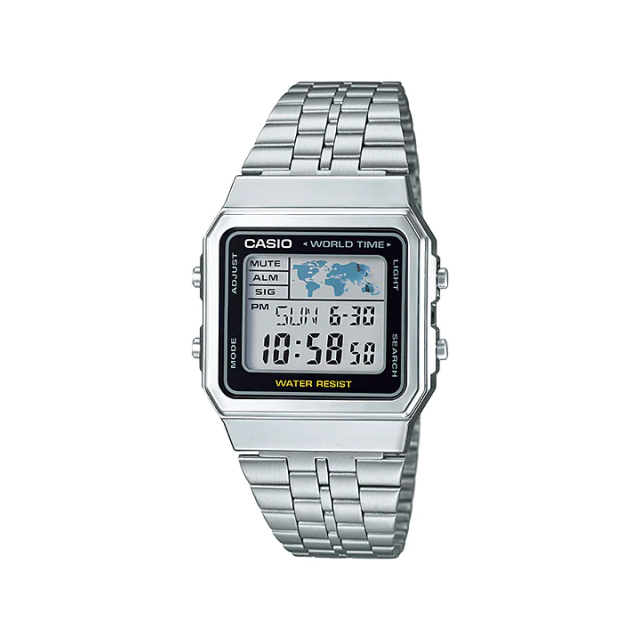 【CASIO 卡西歐】復古潮流全球地圖方形數位腕錶-百搭銀/A500WA-1
