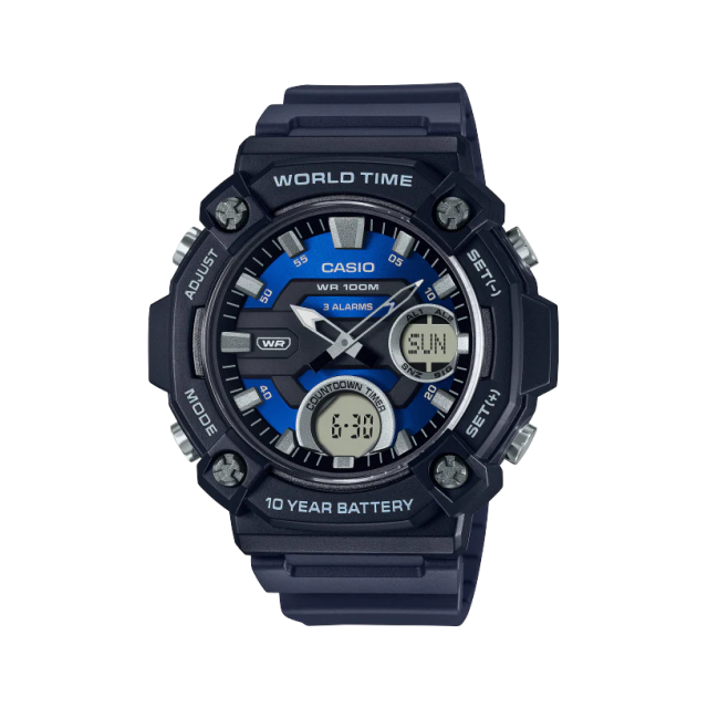 【CASIO 卡西歐】10年電力冒險精神計時雙顯腕錶-藍面款/AEQ-120W-2AV