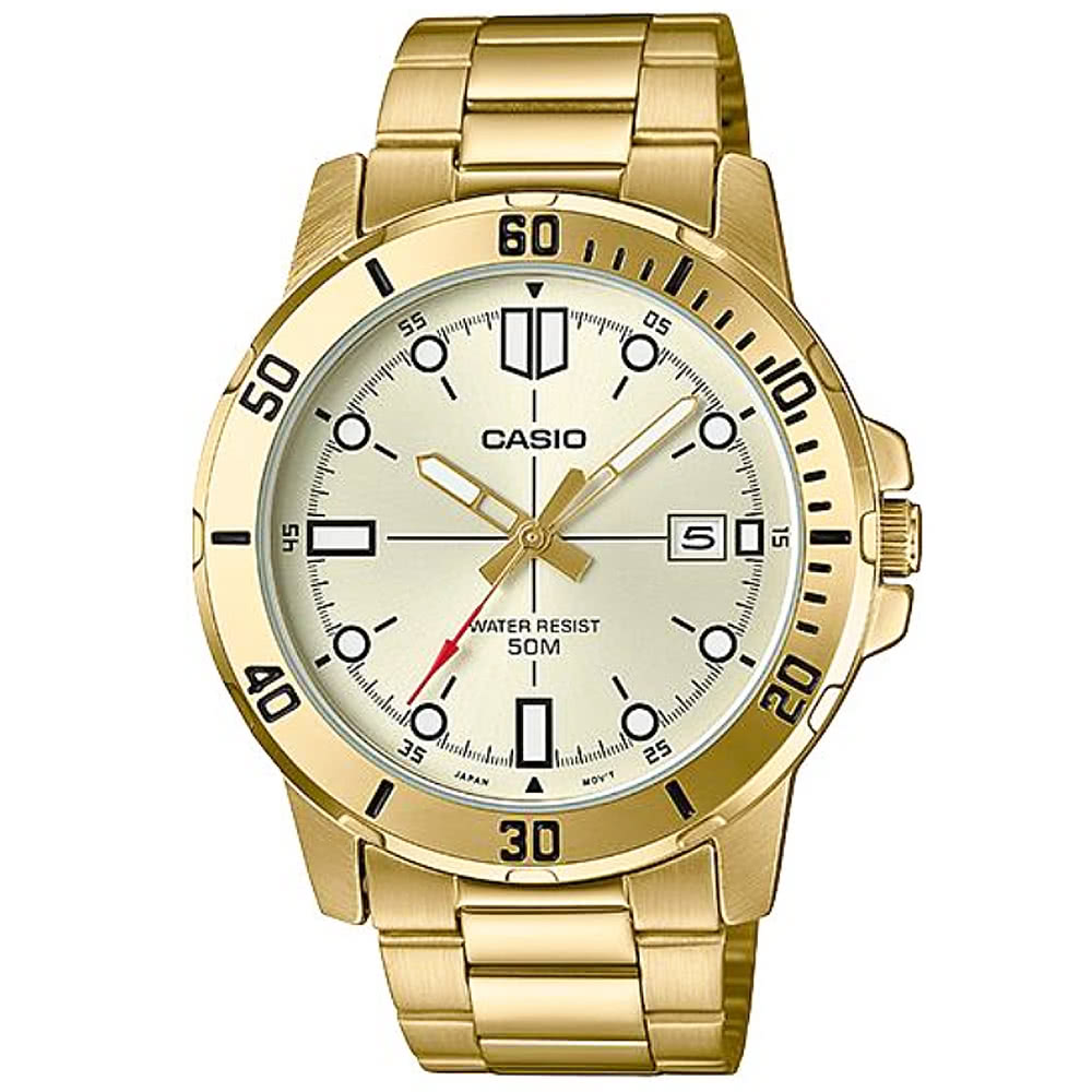 【CASIO】紳士時尚三針三眼日期顯示腕錶-金X白面(MTP-VD01G-9)