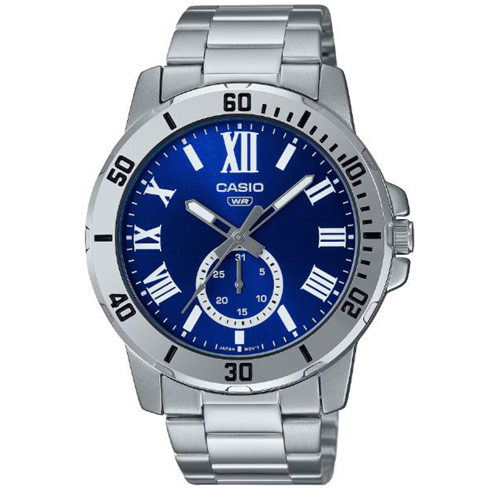 【CASIO】紳士時尚羅馬時刻日期顯示腕錶-藍面(MTP-VD200D-2B)