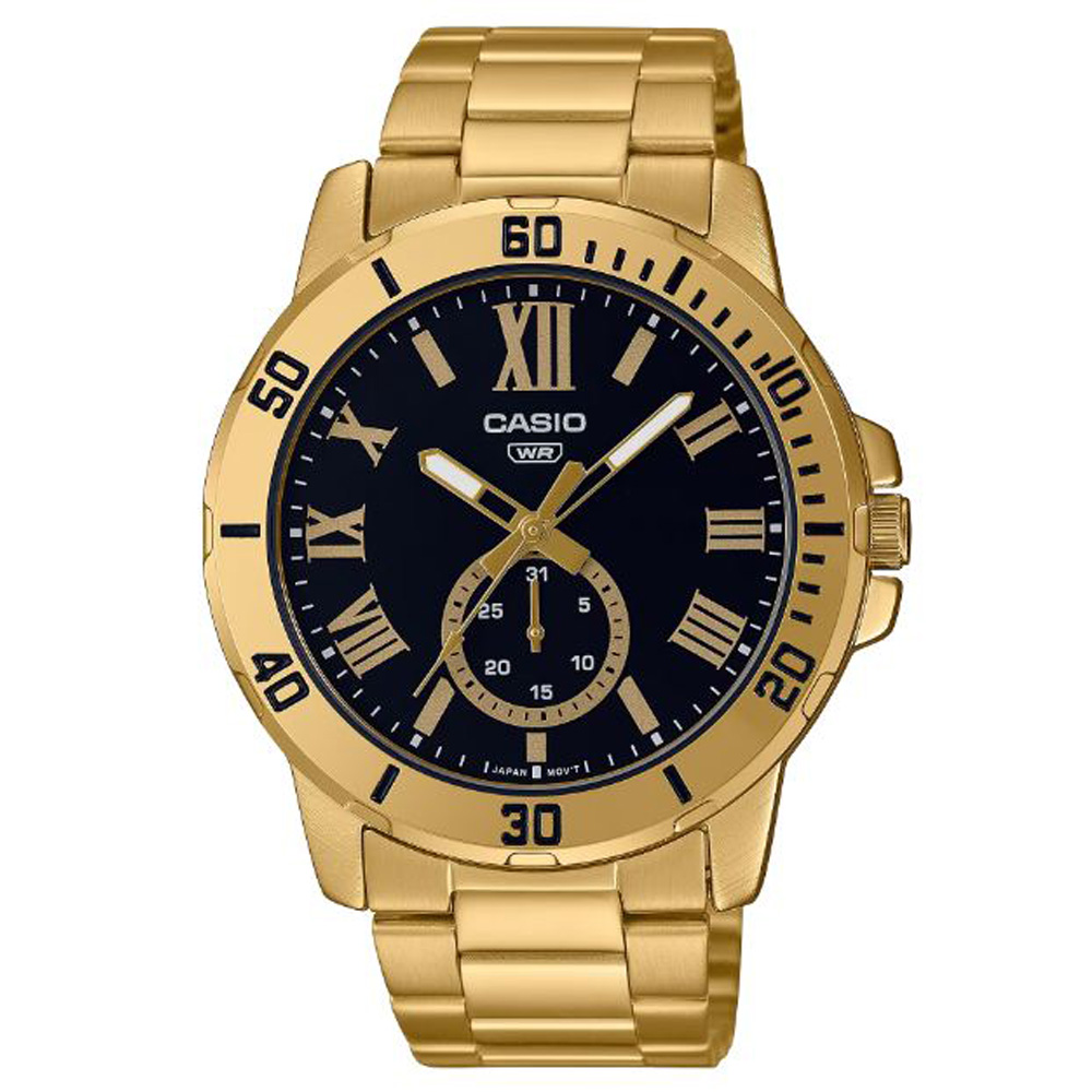 【CASIO】紳士時尚羅馬時刻日期顯示腕錶-金色X 黑面(MTP-VD200G-1B)