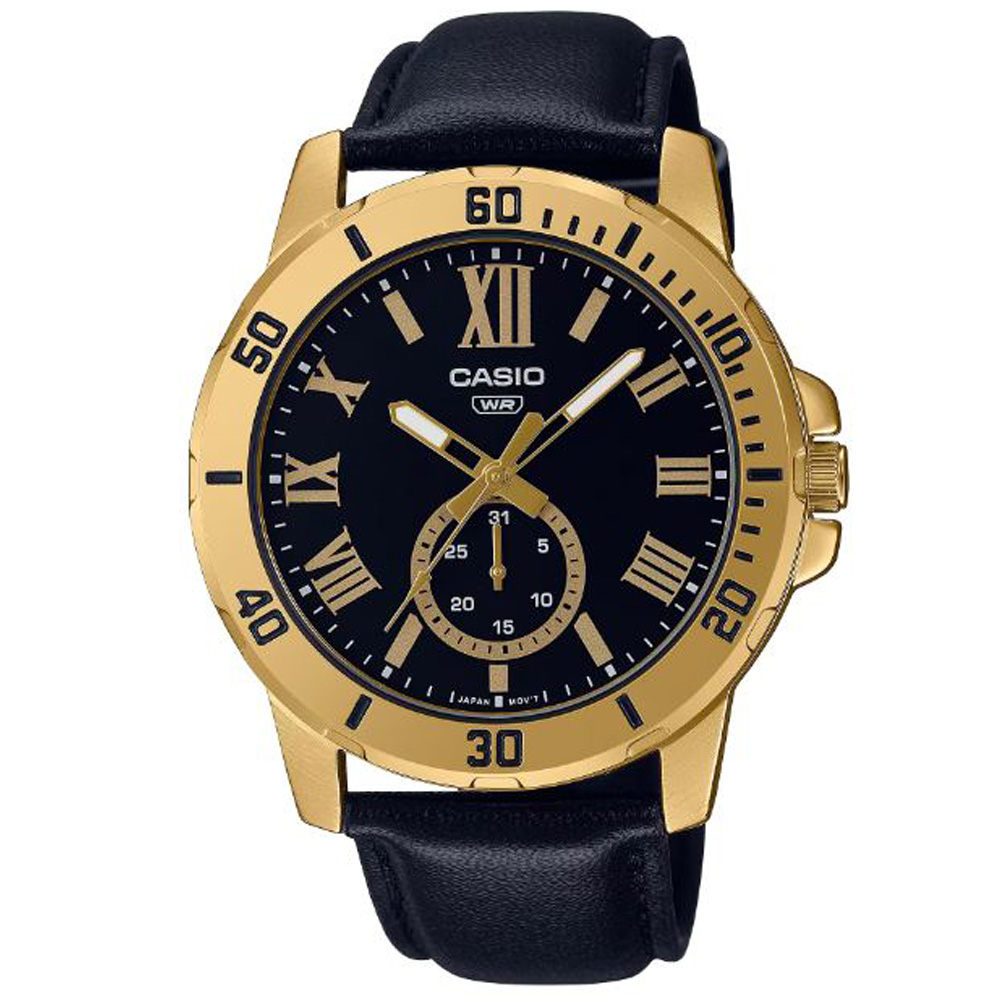 【CASIO】紳士時尚羅馬時刻日期顯示皮帶腕錶-金框X 黑面(MTP-VD200GL-1B)