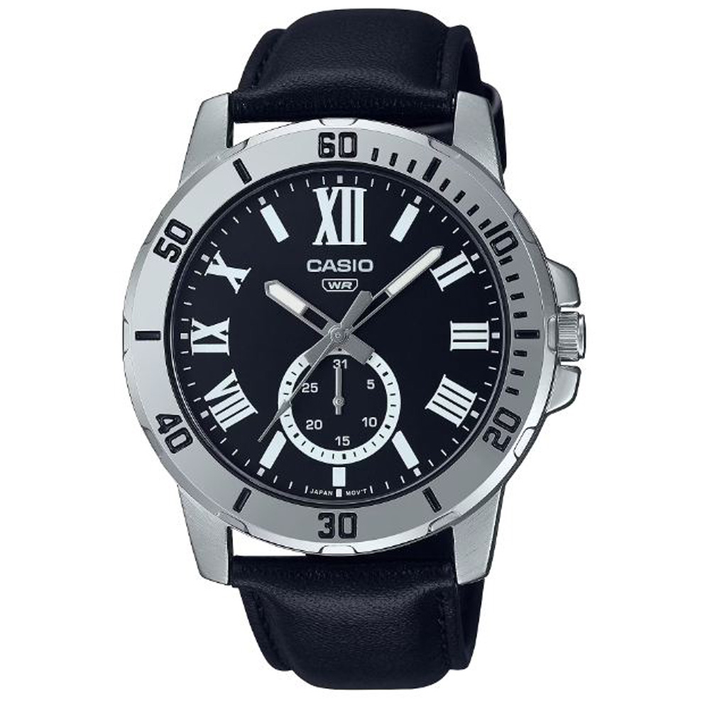 【CASIO】紳士時尚羅馬時刻日期顯示皮帶腕錶-銀框X 黑面(MTP-VD200L-1B)