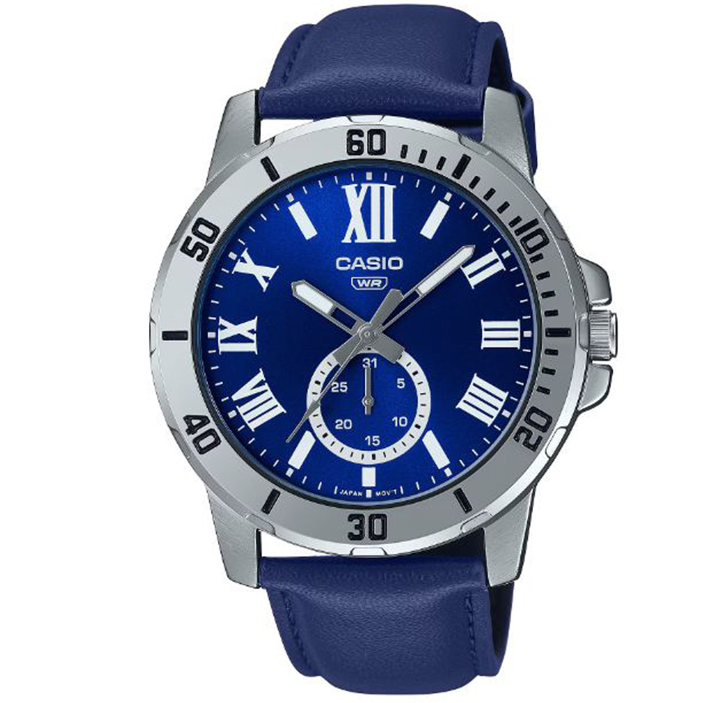 【CASIO】紳士時尚羅馬時刻日期顯示皮帶腕錶-銀框X 藍面(MTP-VD200L-2B)