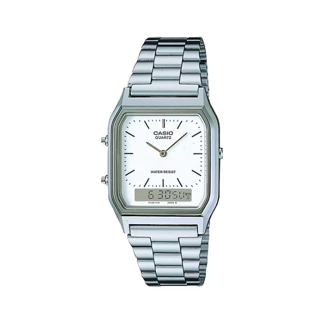 【CASIO 卡西歐】經典復古簡約單針時標時尚雙顯腕錶-優雅銀/AQ-230A-7D