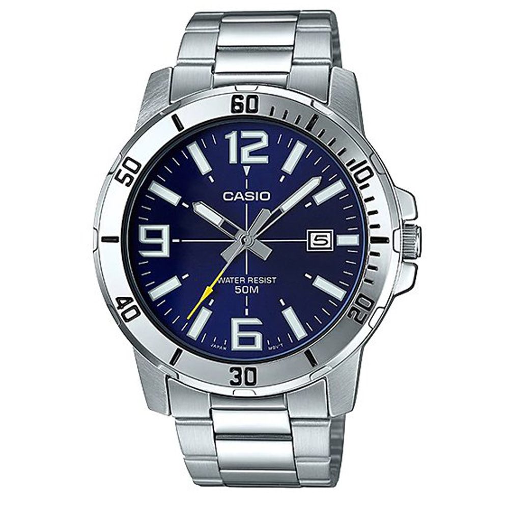 【CASIO】潛水風格日期顯示腕錶-藍面數字時刻(MTP-VD01D-2B)