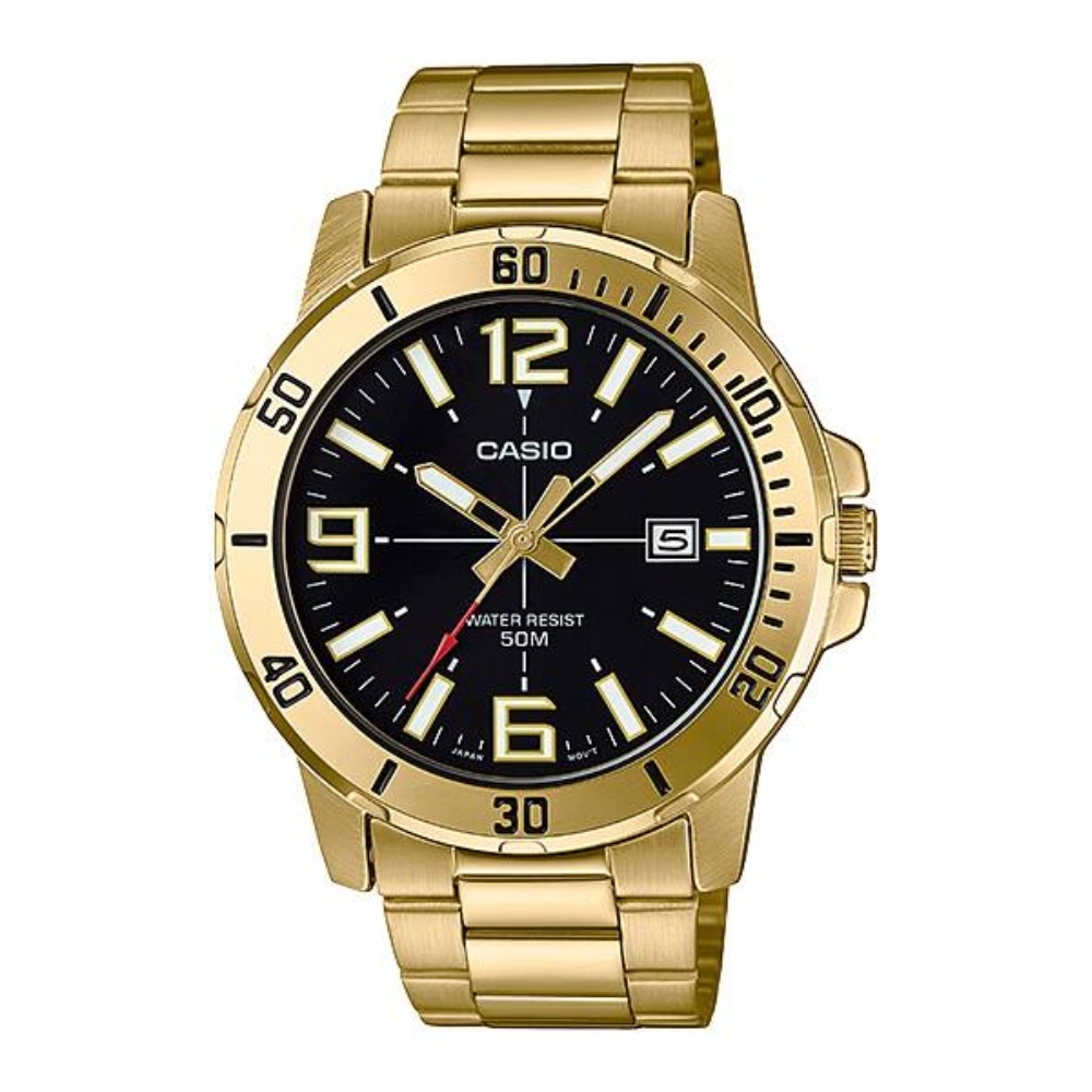 【CASIO】潛水風格日期顯示腕錶-金X黑面(MTP-VD01G-1B)