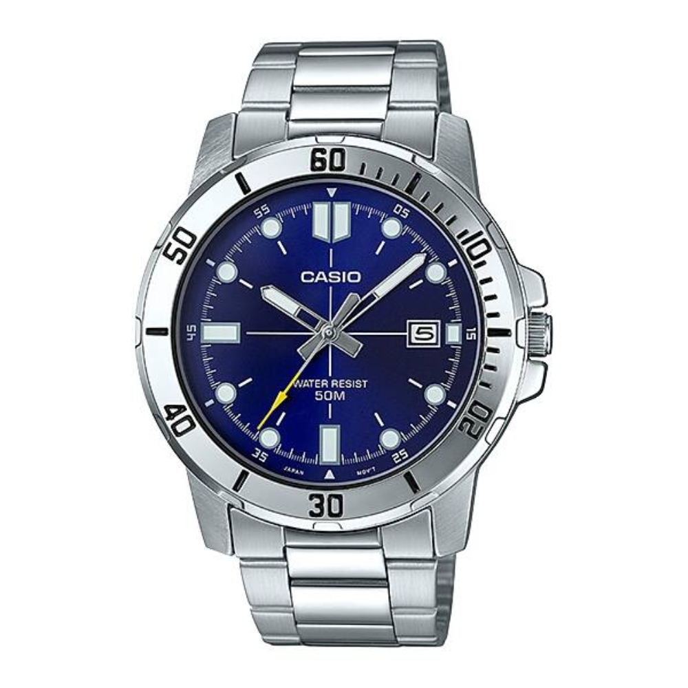 【CASIO】潛水風格日期顯示腕錶-藍面丁字時刻(MTP-VD01D-2E)