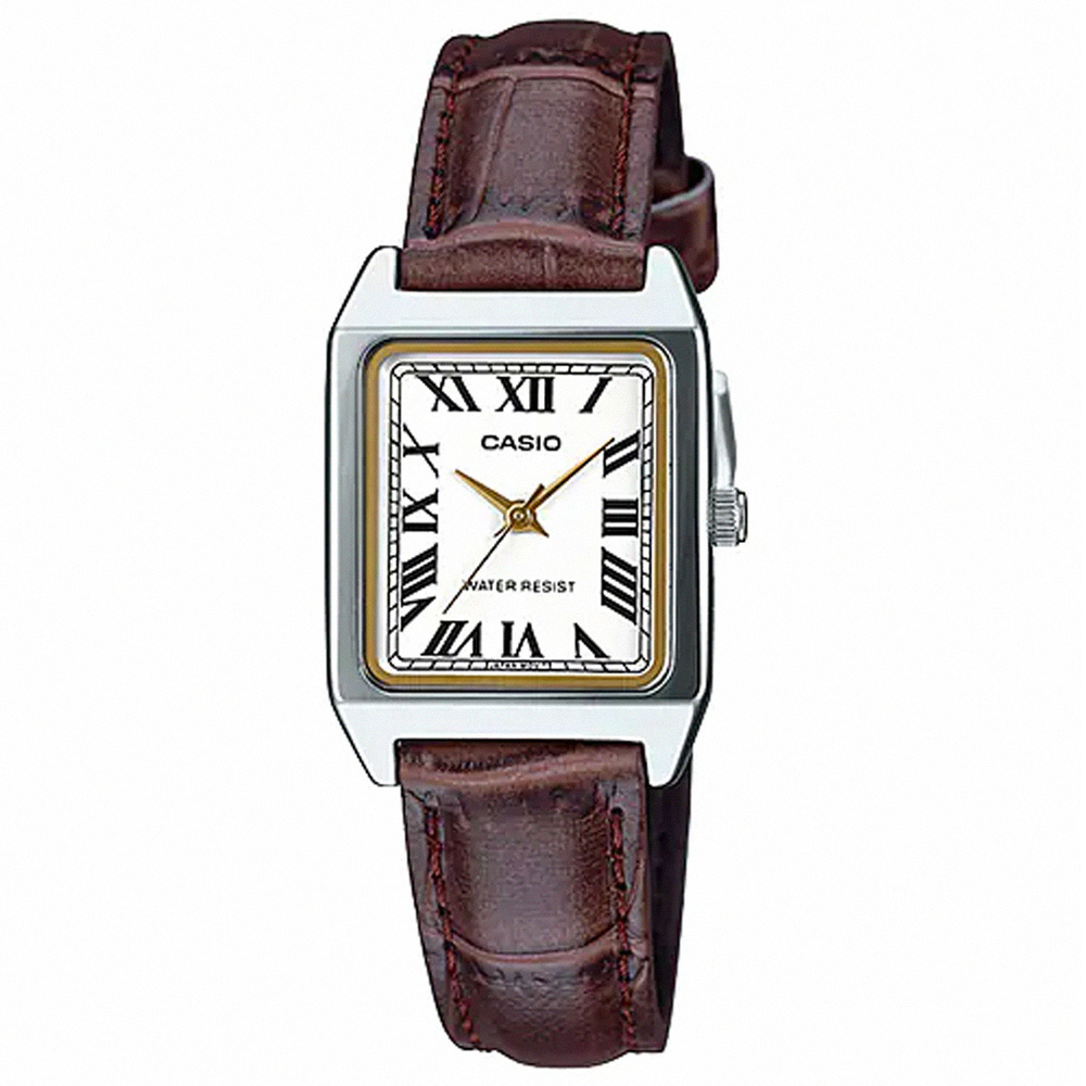 【CASIO】方形復古典雅女孩皮帶腕錶-白面羅馬時刻X咖啡 (LTP-V007L-7B2)