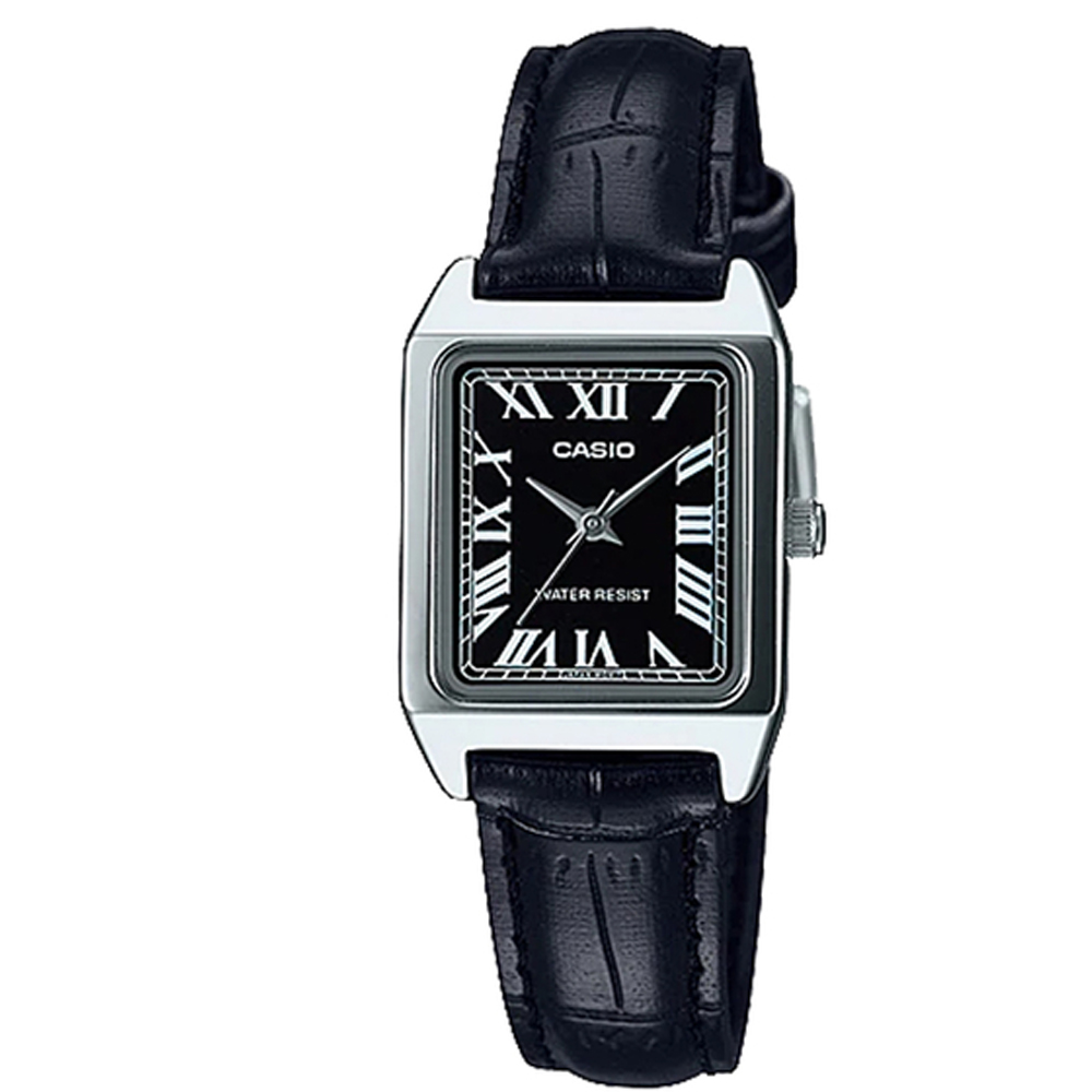 【CASIO】方形復古典雅女孩皮帶腕錶-羅馬時刻數字/黑面 (LTP-V007L-1B)