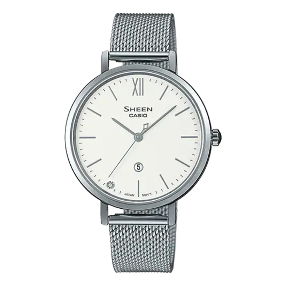 【CASIO 】SHEEN 優雅簡約日期窗三針設計米蘭腕錶(SHE-4539M-7A)銀X白面