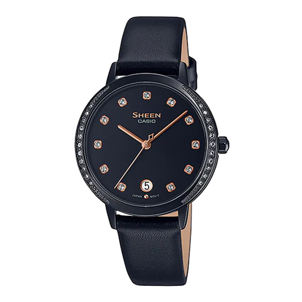 【CASIO】SHEEN 知性美人黑色IP離子水晶點綴婉約皮帶腕錶(SHE-4056BL-1A)