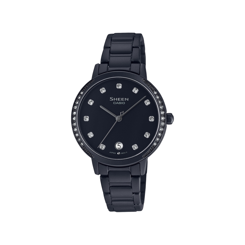 【CASIO】SHEEN 知性美人黑色IP離子水晶點綴婉約腕錶(SHE-4056BD-1A)