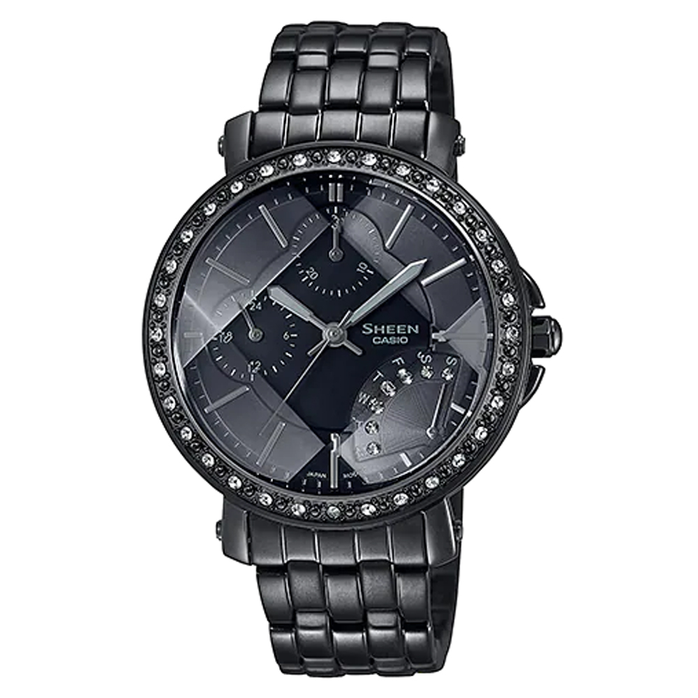 【CASIO 】SHEEN 酷黑主題設計古銅金與水晶時刻腕錶(SHN-3011BB-1A)