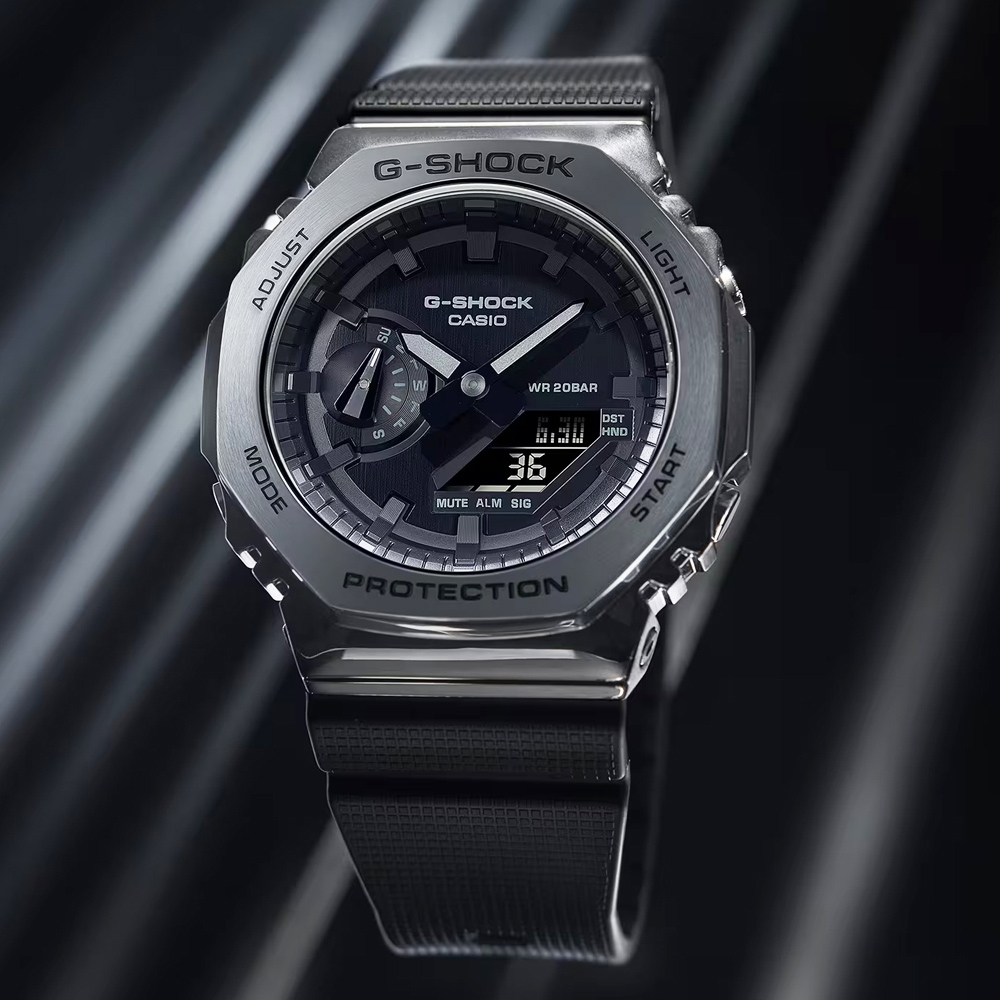 CASIO卡西歐 G-SHOCK 農家橡樹 金屬錶殼 八角形雙顯錶-全黑 (GM-2100BB-1A)