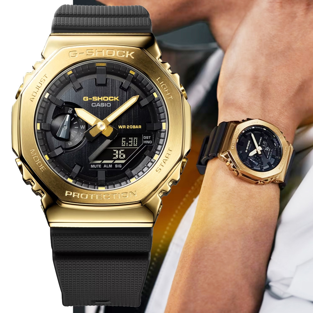 CASIO卡西歐 G-SHOCK 農家橡樹 金屬錶殼 八角形雙顯錶-黑金(GM-2100G-1A9)