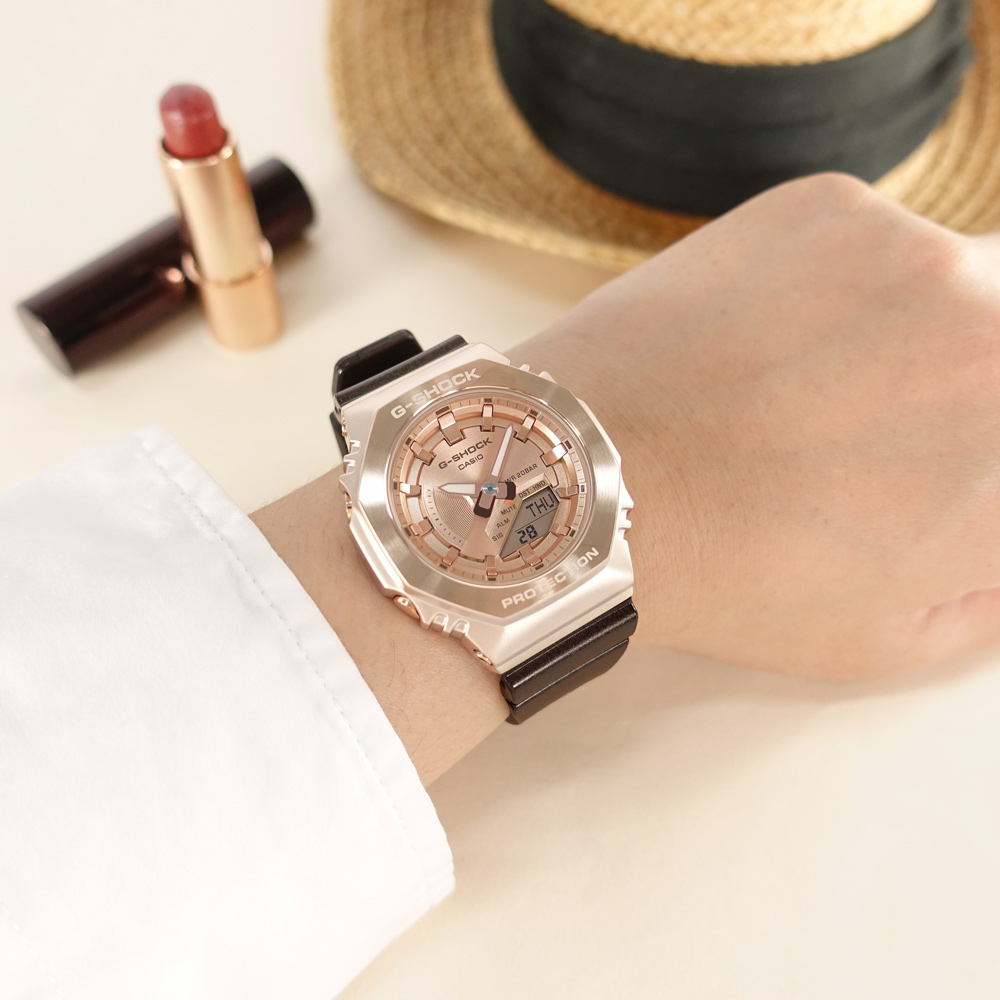 G-SHOCK CASIO / GM-S2100CB-5A /卡西歐八角金屬雙顯防水200米橡膠手錶玫瑰金x咖啡 40mm