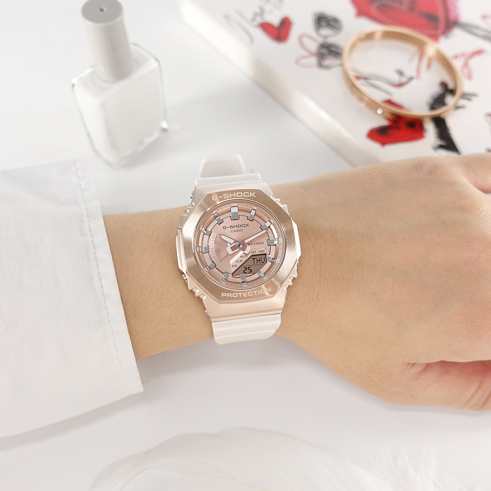 G-SHOCK CASIO / GM-S2100CW-7A /卡西歐八角金屬雙顯防水200米 橡膠手錶 玫瑰金x白 40mm