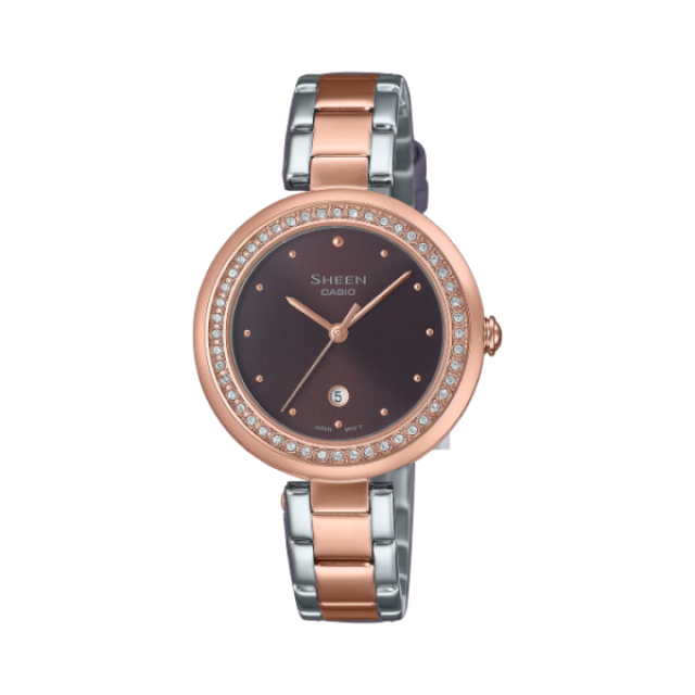 【CASIO SHEEN】低調奢華日期撞色鋼帶腕錶-深咖啡/SHE-4556SPG-5A